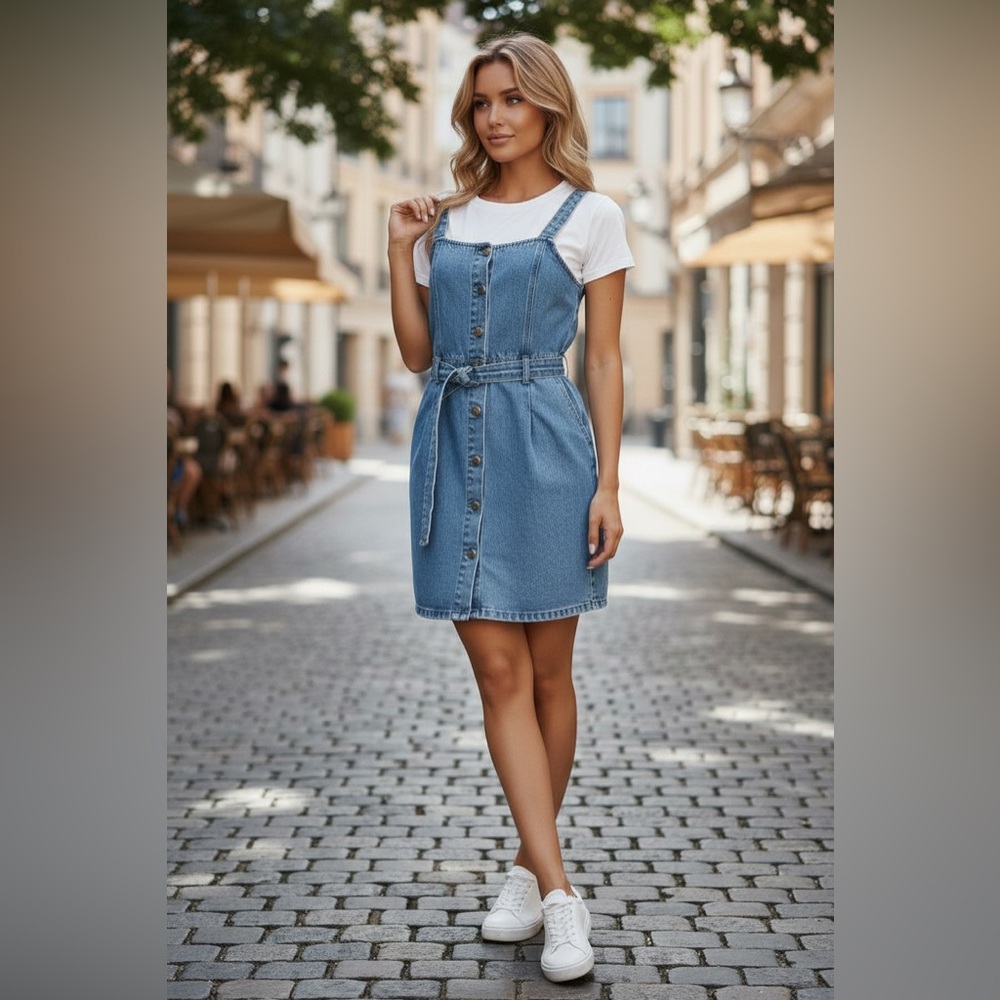 MP|D Denim Pinafore Dress Button Front Belted Blue Jean Dress Size L